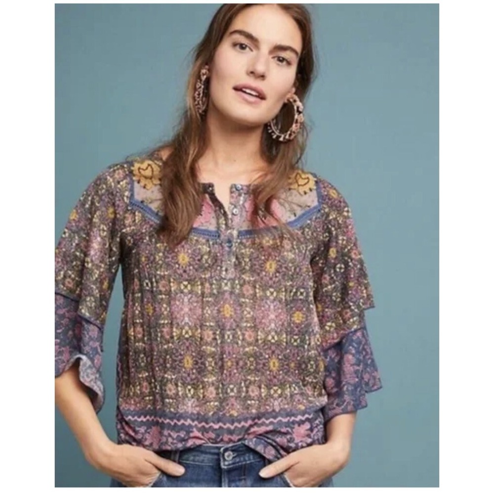 Anthropologie Postmark Ciutadella Embroidered Top Shirt Multi-Color XS Floral